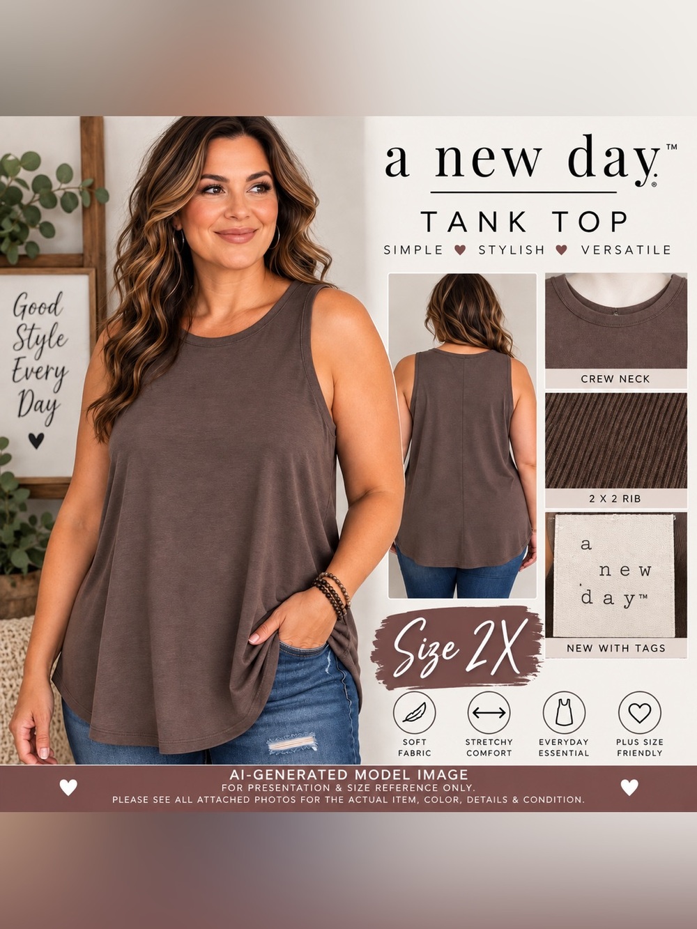 A NEW DAY BROWN RELAXED TANK TOP • SIZE 2X